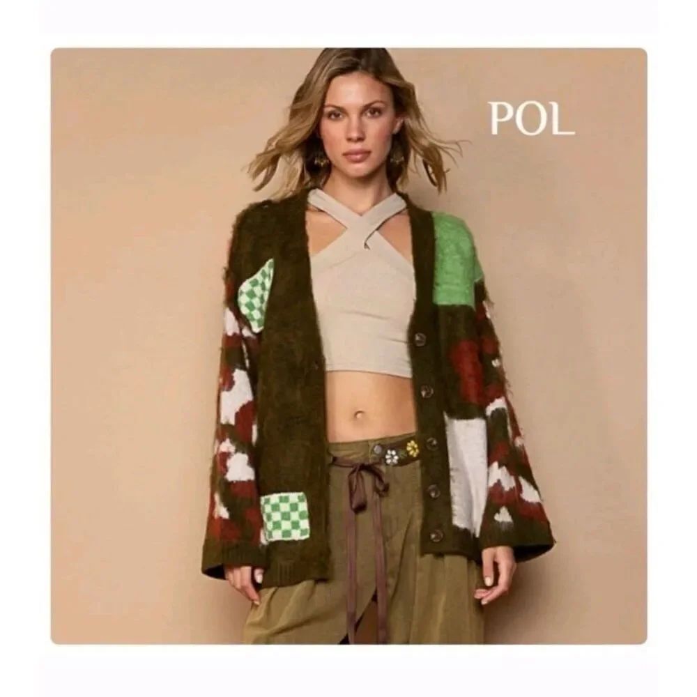 POL Mohair Patch Pattern Cardigan Boutique Women's Size Large Brown Orange Green